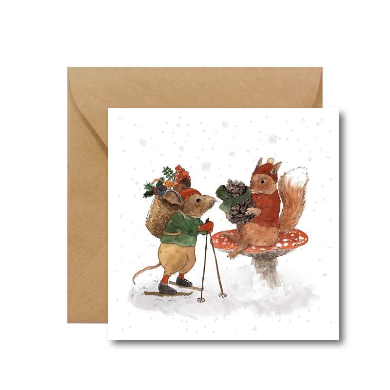 kartka świąteczna, na Boże Narodzenie Hi Little z wiewiórką i myszką w lesie