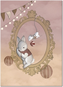 Plakat z myszką i króliczkiem bawiącymi się razem.