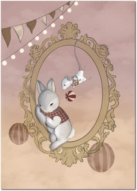 Plakat z myszką i króliczkiem bawiącymi się razem.