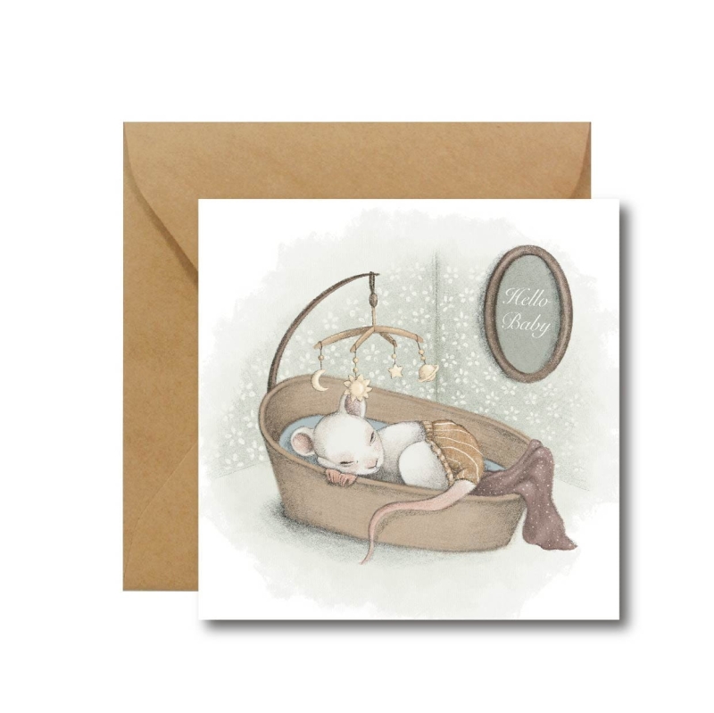 Hello Baby, kartka z okazji narodzin dziecka ze śpiącą myszką