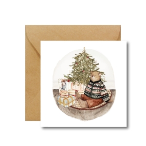 kartka świąteczna z misiem i prezentami pod choinką