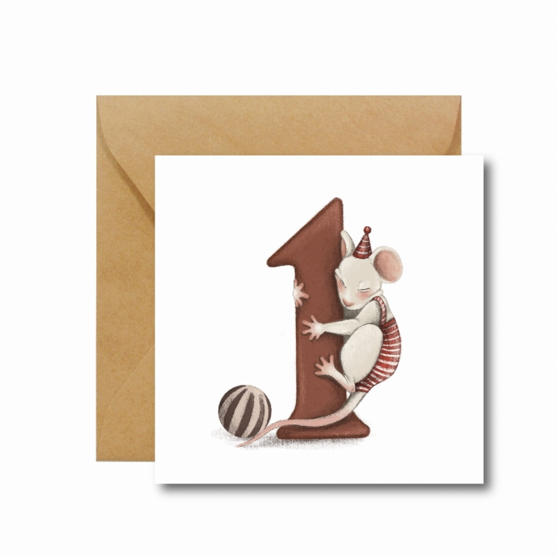 kartka okolicznościowa na pierwsze urodziny z piękną myszką