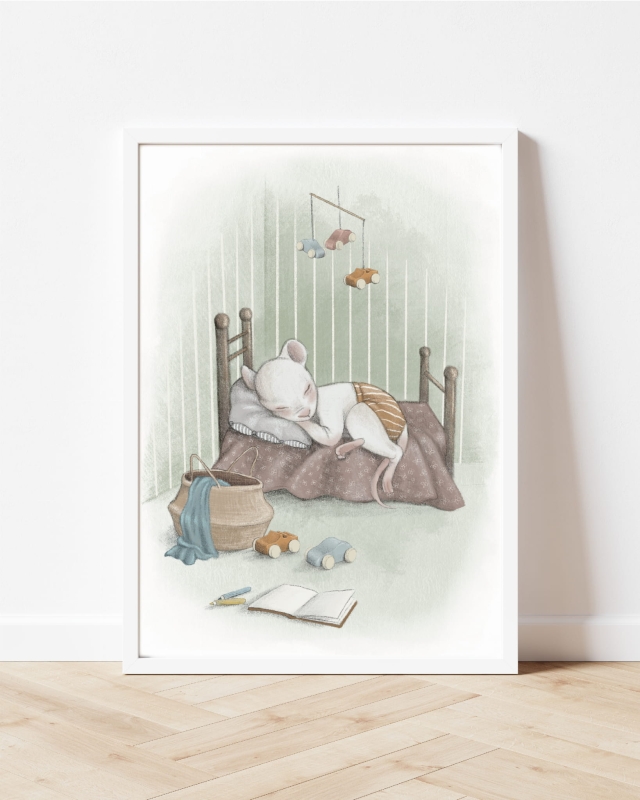 Uroczy plakat z autorską ilustracją śpiącej myszki, idealny do pokoju dziecka, dekoracja ścienna Hi Little, prezent na Baby Shower