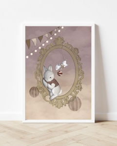 Plakat do pokoju dziecięcego „Kącik zabawy” – królik i myszka w ozdobnej ramie na pastelowym tle, ilustracja w stylu vintage