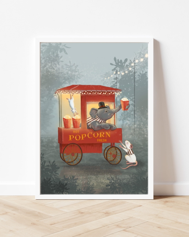 Plakat dziecięcy z myszką i słonikiem w czerwonym wózku z popcornem, ilustracja w stylu retro