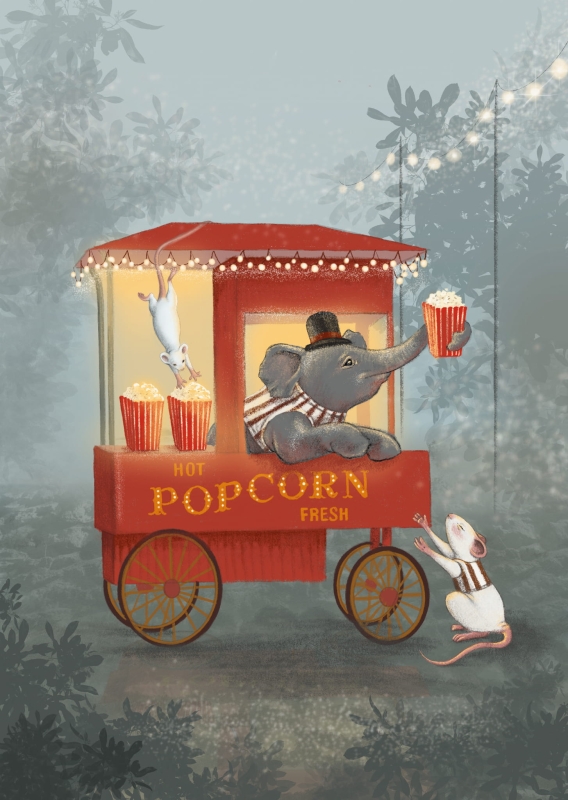 Uroczy plakat do pokoju dziecka – myszka i słoń z popcornem podczas wspólnej zabawy