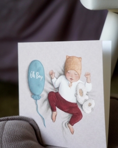 kartka na narodziny chłopca z dzieckiem i balonem Malomi Kids