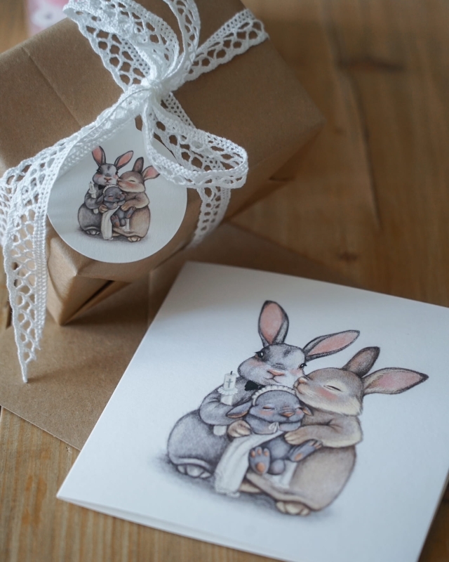 Pamiątka Chrztu Świętego, kartka z ilustracją rodziny króliczków