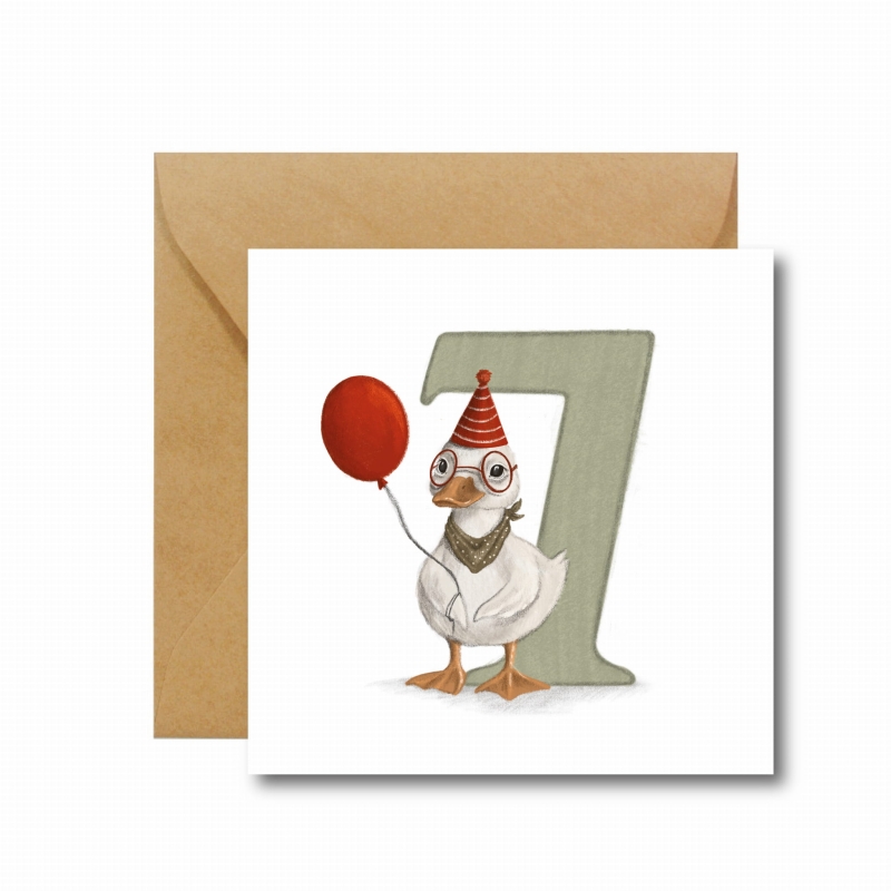 Kartka na siódme urodziny, śliczny kaczorek w okularach