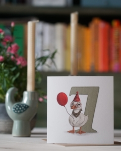 kartka na siódme urodziny dziecka z małą kaczuszką i balonikiem