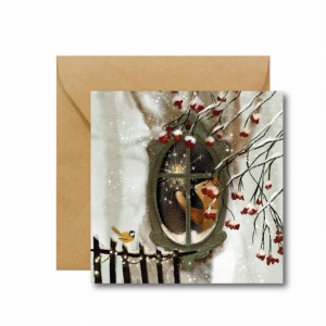 kartka na święta boże narodzenie z misiem w okienku i sztucznym ogniem